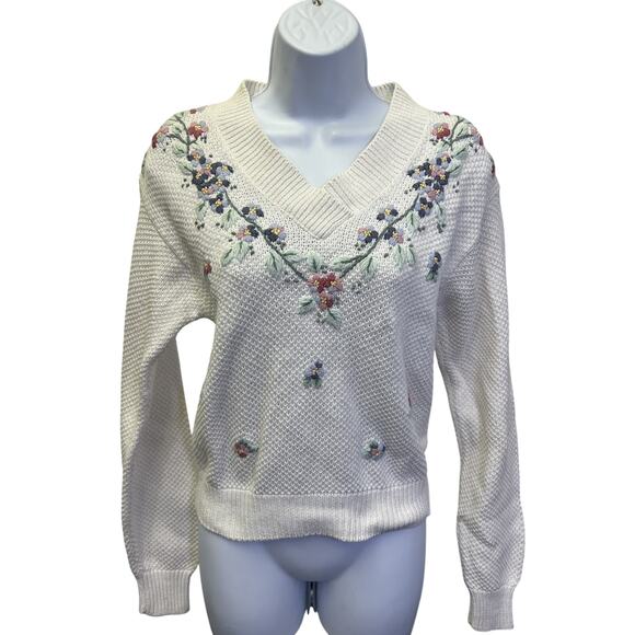 🌸 Russ Petites PS Cream Floral Embroidered V-Neck Sweater 90s Cottagecore Knit - Picture 1 of 4